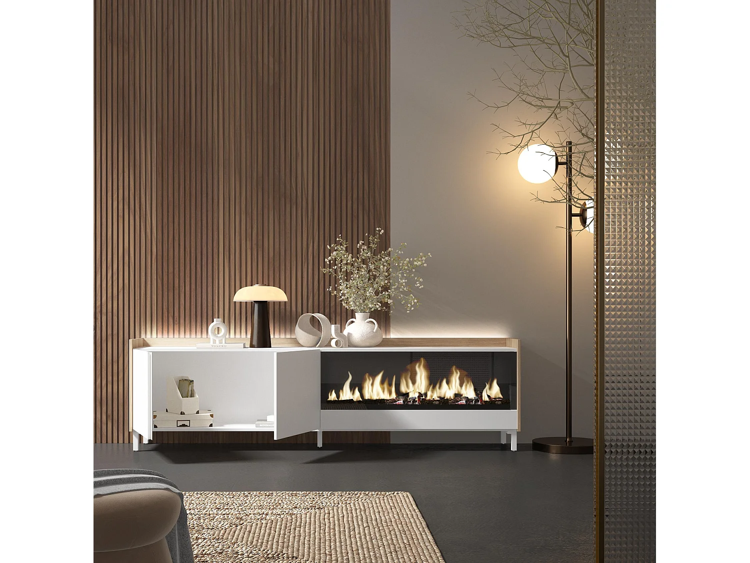 TV-Schrank, Lowboard, 212x61x35 cm, Für TV-Geräte bis zu 80", Elektrokamin XXL, Industriedesign, LED, Weiß und Eiche Soft