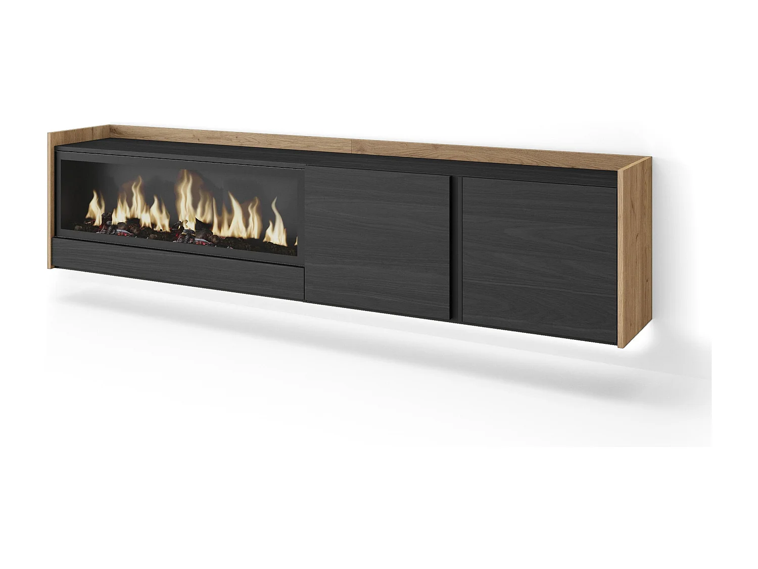 TV-Schrank, Lowboard, 212x50x35 cm, Für TV-Geräte bis zu 80", Elektrokamin XXL, Hängend, LED, Schwarz Eiche