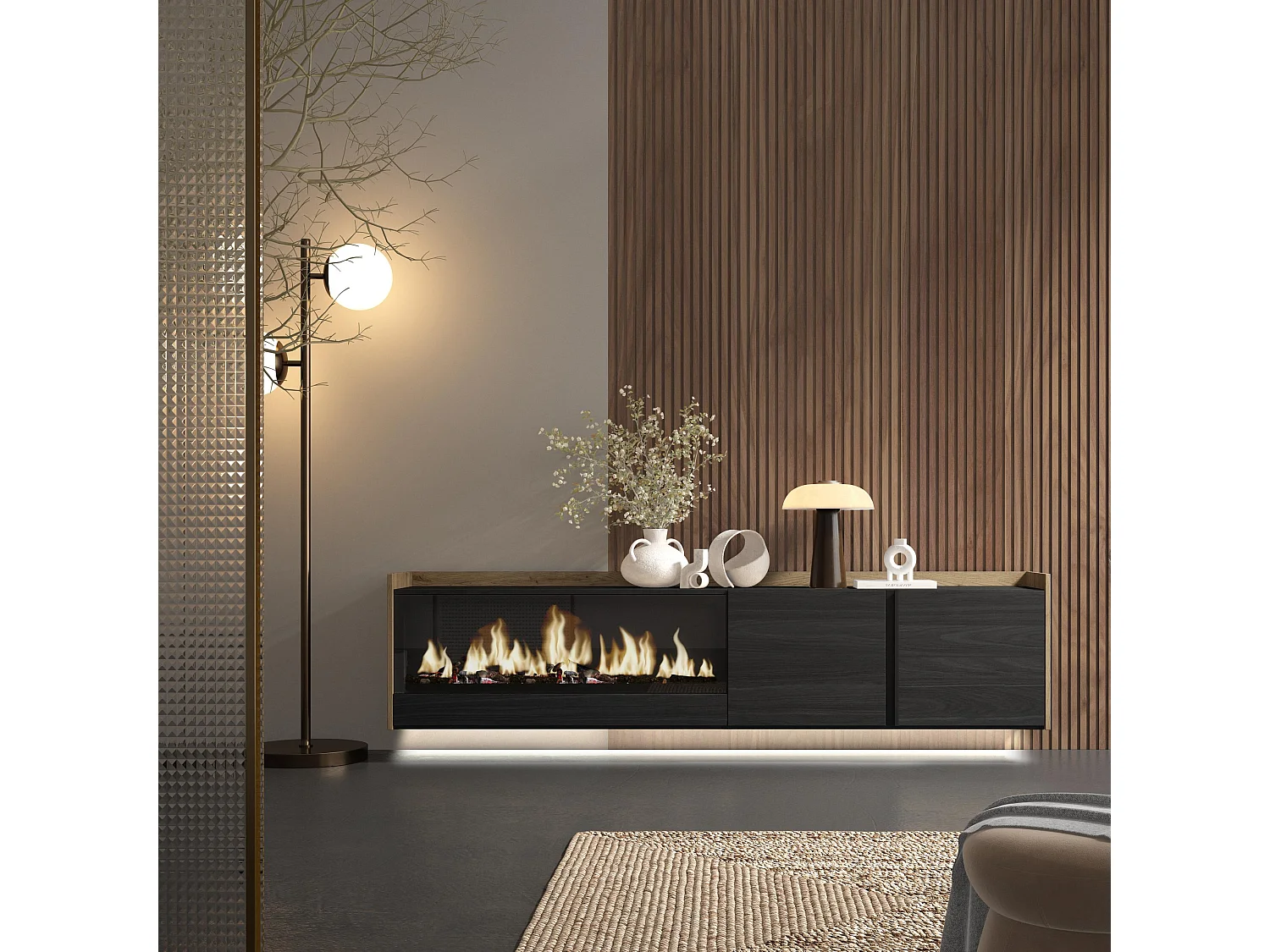 TV-Schrank, Lowboard, 212x50x35 cm, Für TV-Geräte bis zu 80", Elektrokamin XXL, Hängend, LED, Schwarz Eiche