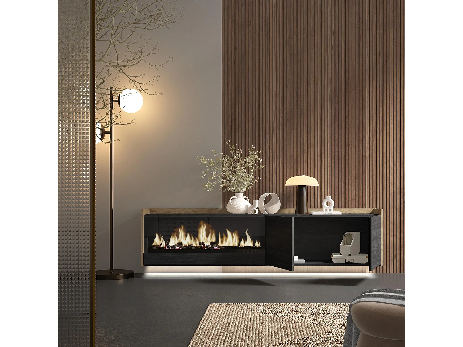 TV-Schrank, Lowboard, 212x50x35 cm, Für TV-Geräte bis zu 80", Elektrokamin XXL, Hängend, LED, Schwarz Eiche