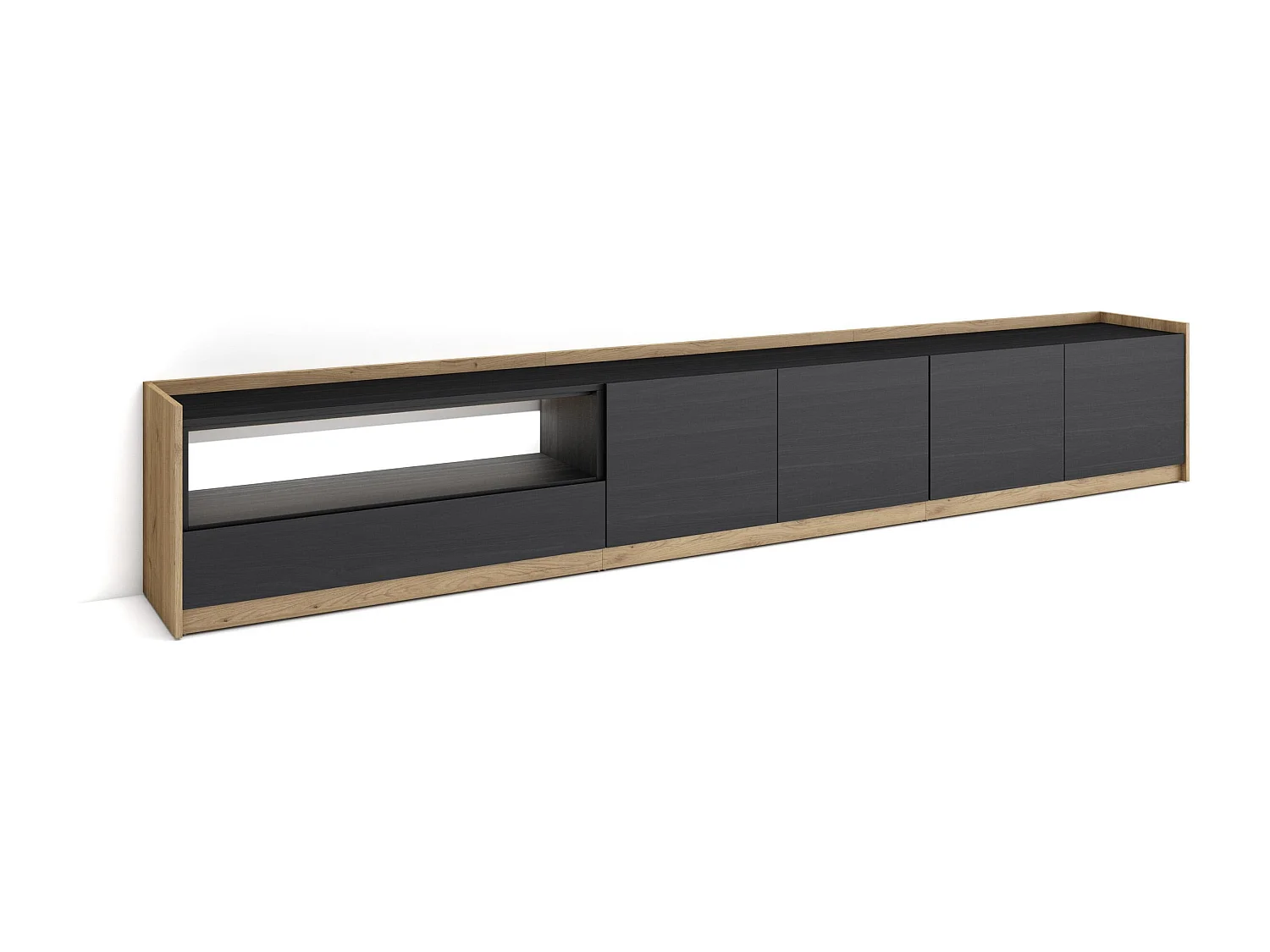 TV-Meubel, Lowboard, 310x50x37 cm, Voor tv's tot 80", LED, Zwart/Eiken
