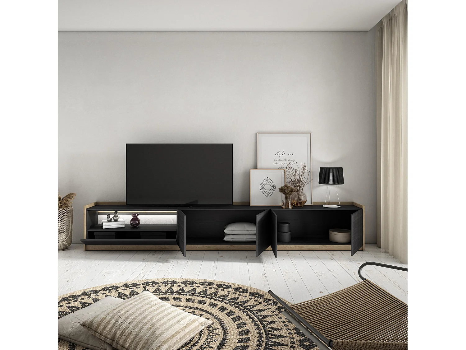 TV-Meubel, Lowboard, 310x50x37 cm, Voor tv's tot 80", LED, Zwart/Eiken