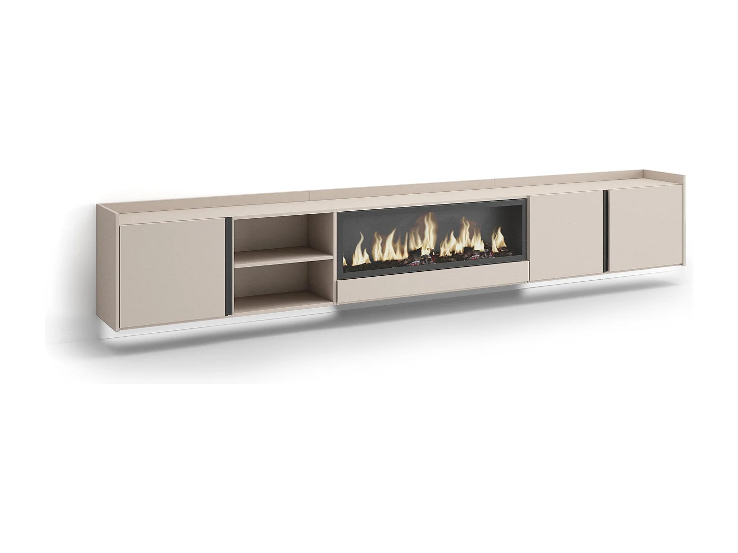 TV-Meubel, Lowboard, 315x50x35 cm, Voor tv's tot 80", Elektrische haard XXL, Hangend, LED, Beige