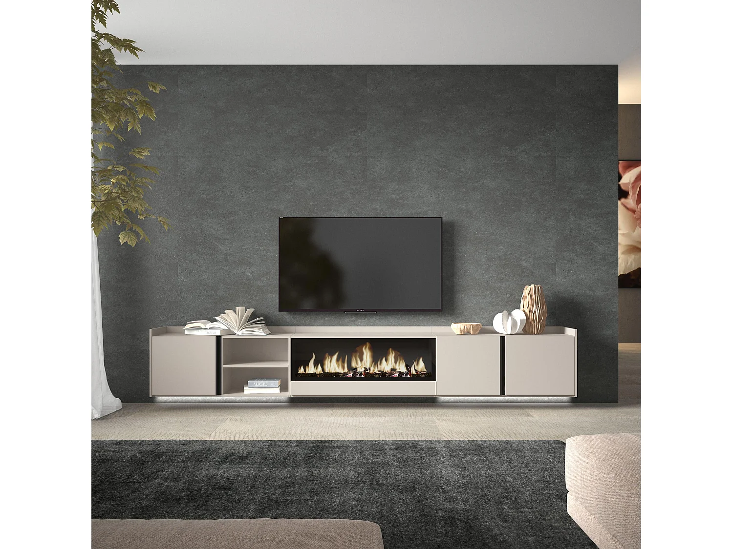 TV-Meubel, Lowboard, 315x50x35 cm, Voor tv's tot 80", Elektrische haard XXL, Hangend, LED, Beige