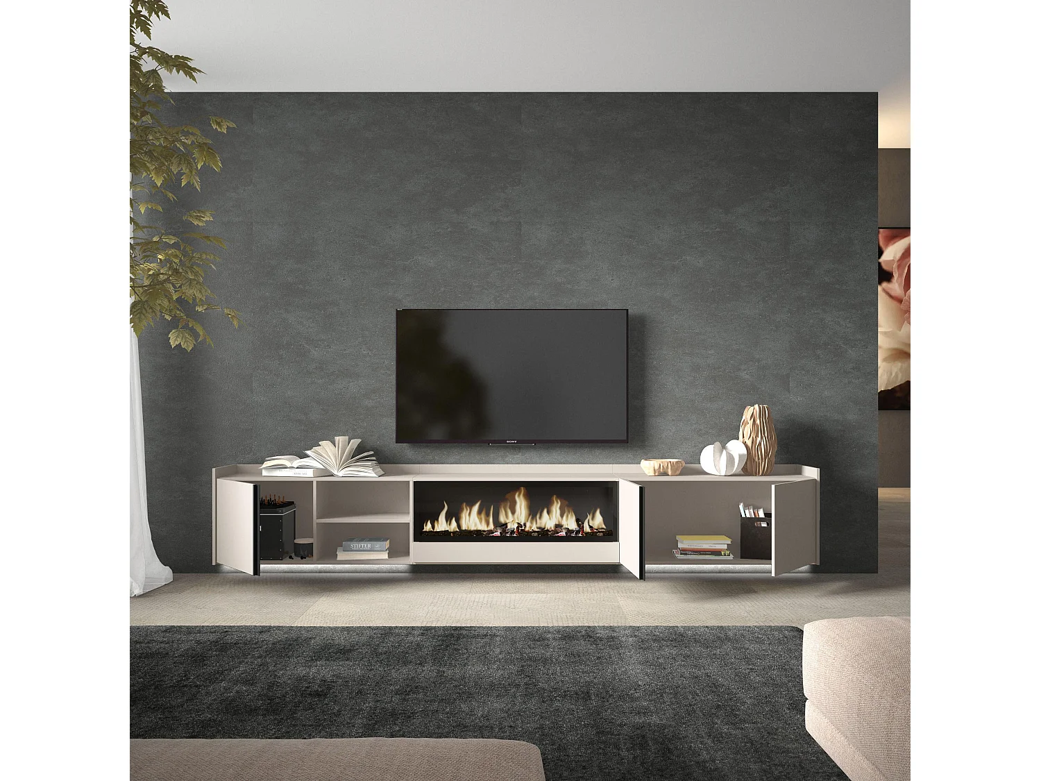 TV-Meubel, Lowboard, 315x50x35 cm, Voor tv's tot 80", Elektrische haard XXL, Hangend, LED, Beige