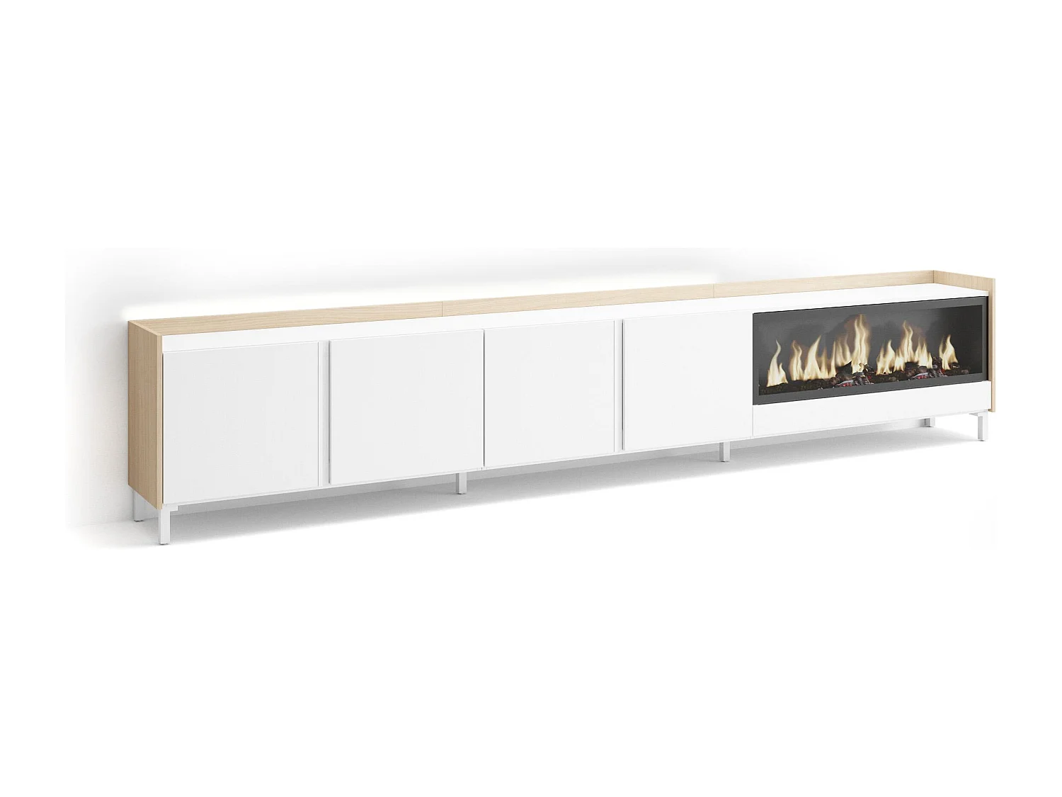 Mueble TV, Televisión, 315x61x35 cm, Para TV hasta 80", Chimenea eléctrica XXL, Diseño industrial, LED, Blanco y roble soft