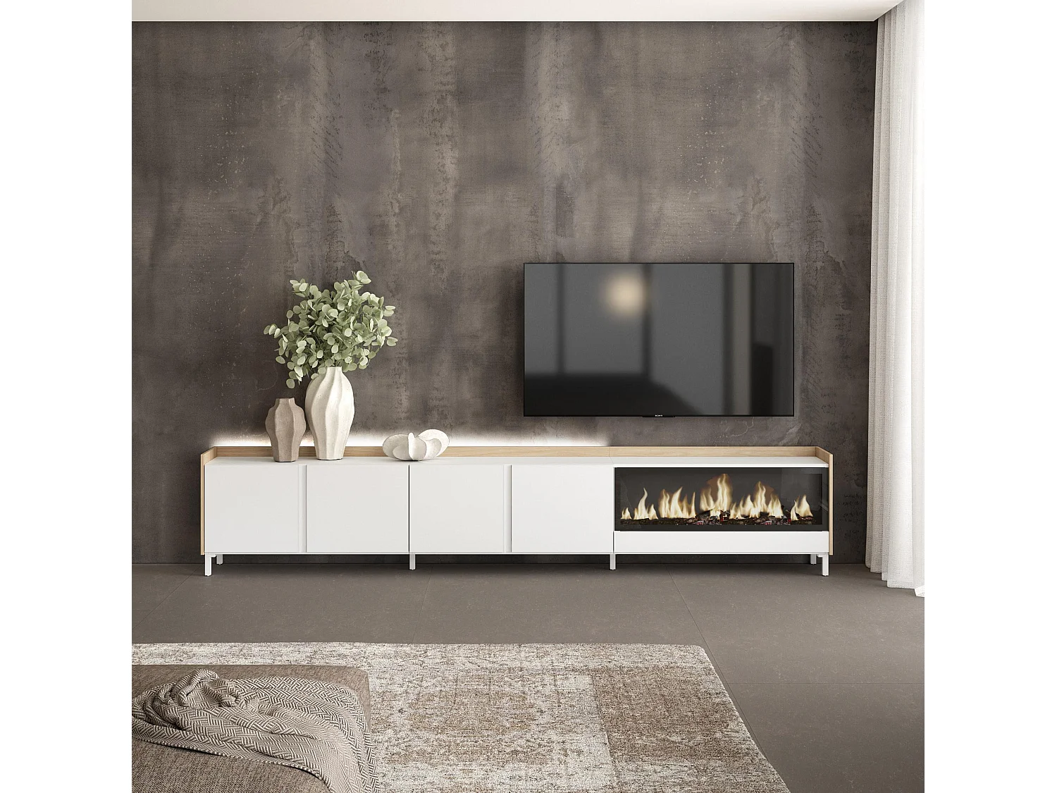 Mueble TV, Televisión, 315x61x35 cm, Para TV hasta 80", Chimenea eléctrica XXL, Diseño industrial, LED, Blanco y roble soft