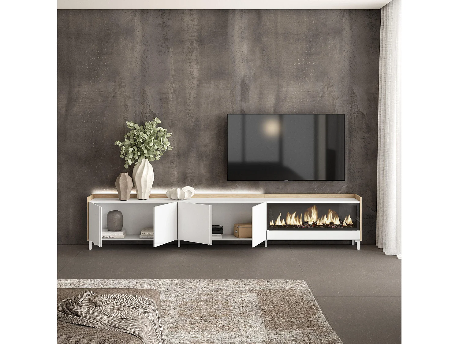 Mueble TV, Televisión, 315x61x35 cm, Para TV hasta 80", Chimenea eléctrica XXL, Diseño industrial, LED, Blanco y roble soft