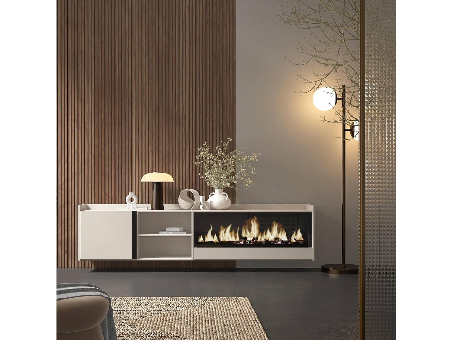 TV-Schrank, Lowboard, 212x50x35 cm, Für TV-Geräte bis zu 80", Elektrokamin XXL, Hängend, Beige