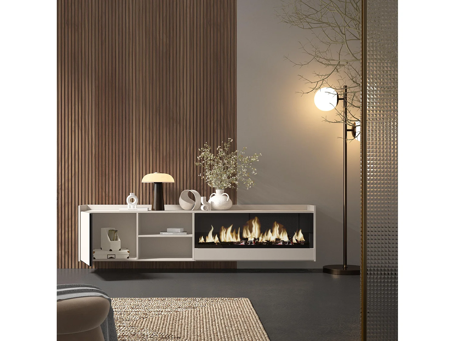 TV-Schrank, Lowboard, 212x50x35 cm, Für TV-Geräte bis zu 80", Elektrokamin XXL, Hängend, Beige