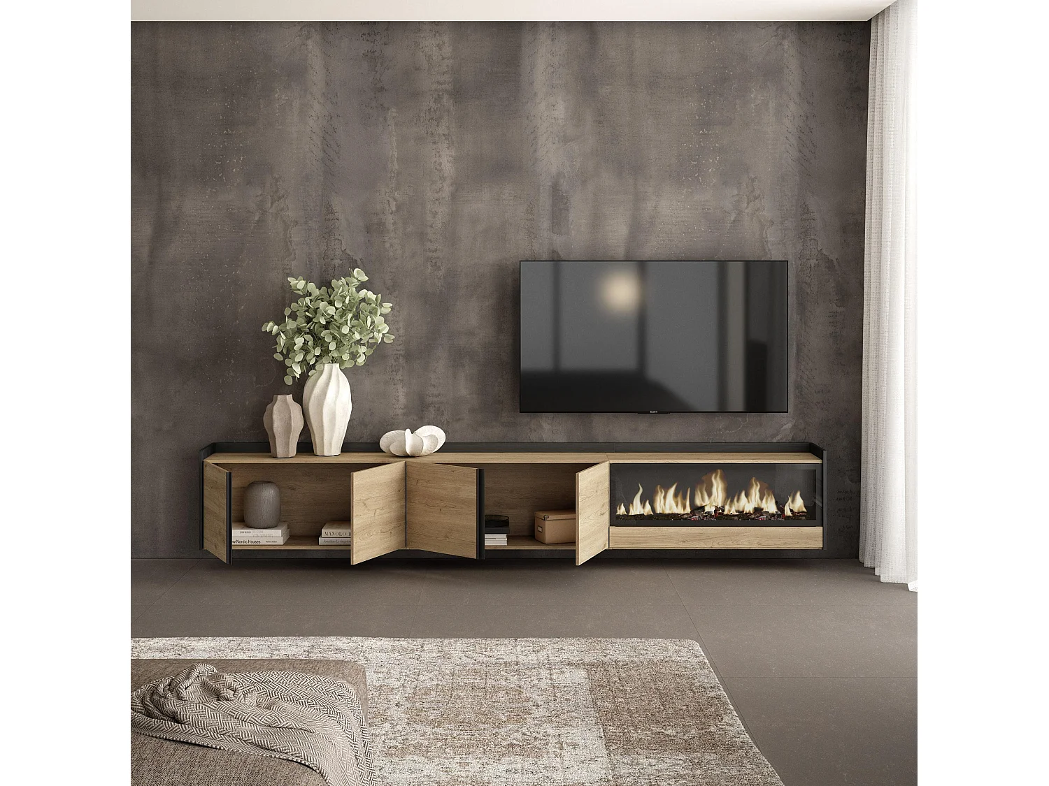 Meuble TV, Banc Télé, 315x50x35 cm, Pour les TV jusqu'à 80", Cheminée électrique XXL, Suspendu, Mural, Chêne et noir