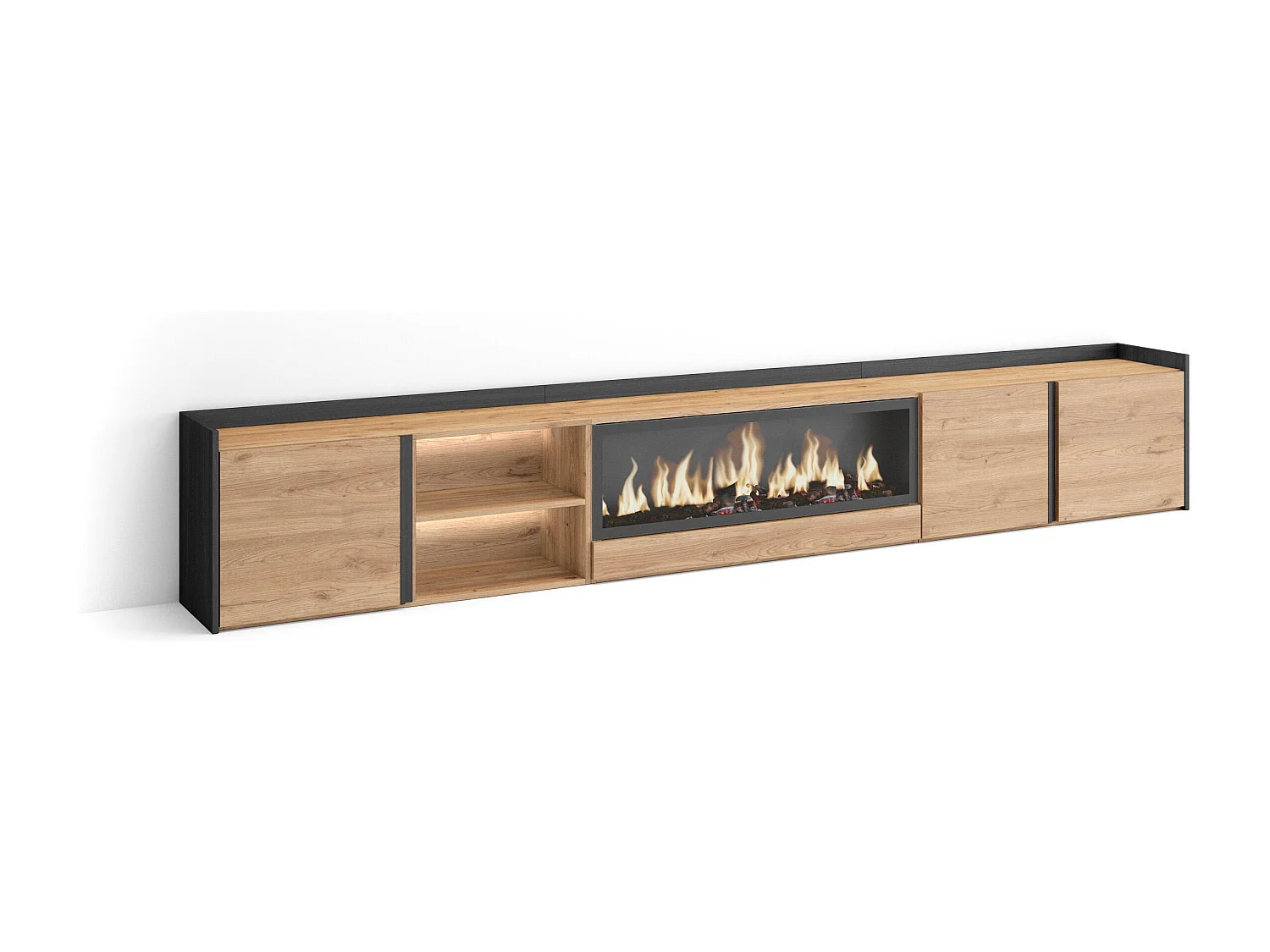 TV-Schrank, Lowboard, 315x50x35 cm, Für TV-Geräte bis zu 80", Elektrokamin XXL, LED, Eiche Schwarz