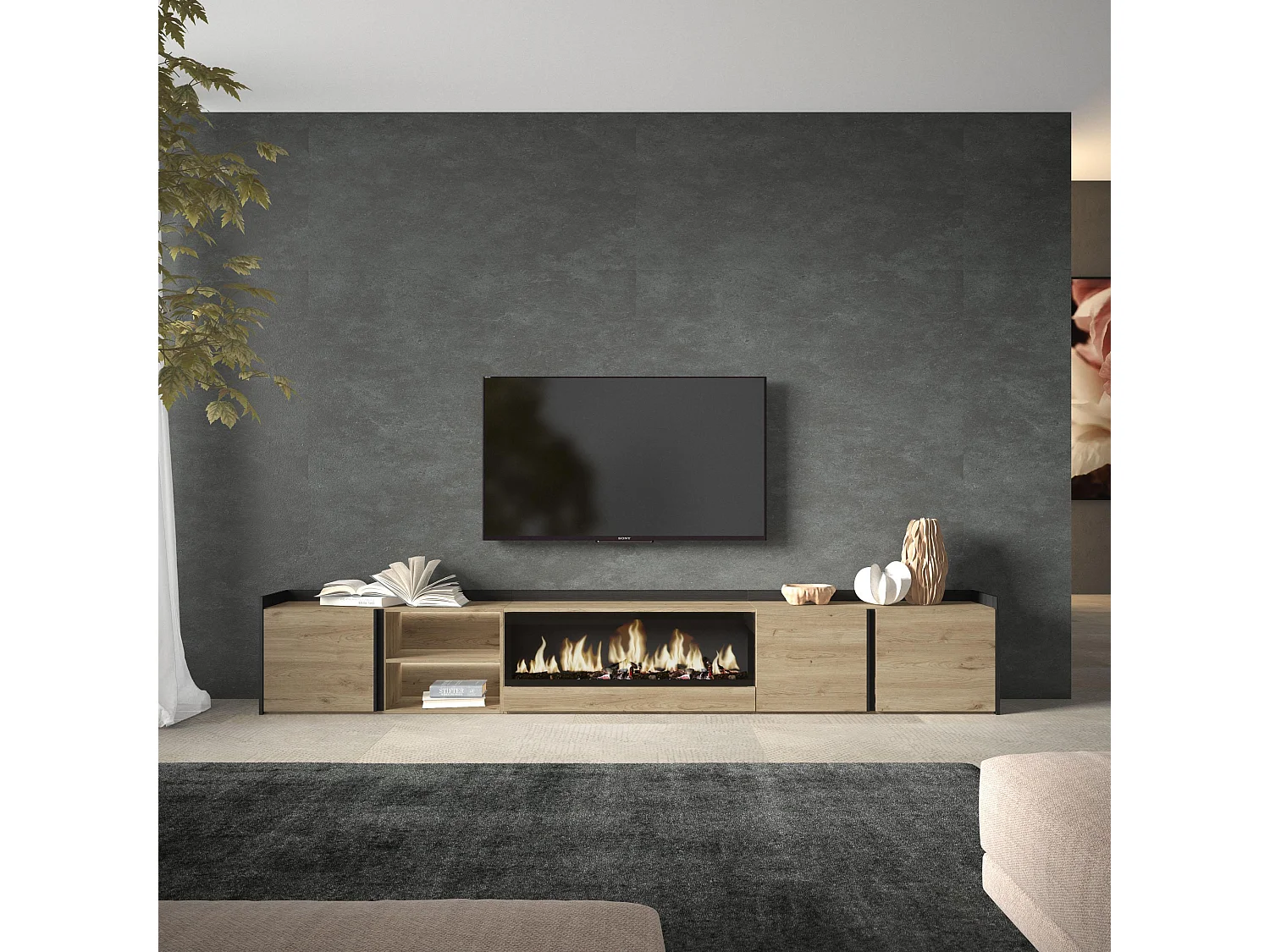 TV-Schrank, Lowboard, 315x50x35 cm, Für TV-Geräte bis zu 80", Elektrokamin XXL, LED, Eiche Schwarz