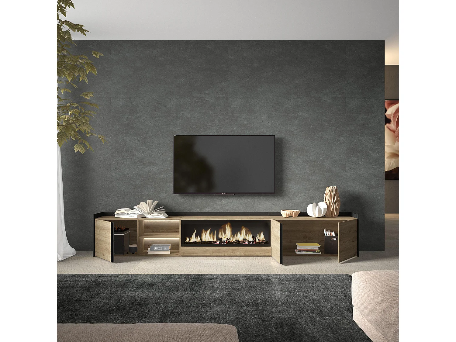 TV-Schrank, Lowboard, 315x50x35 cm, Für TV-Geräte bis zu 80", Elektrokamin XXL, LED, Eiche Schwarz