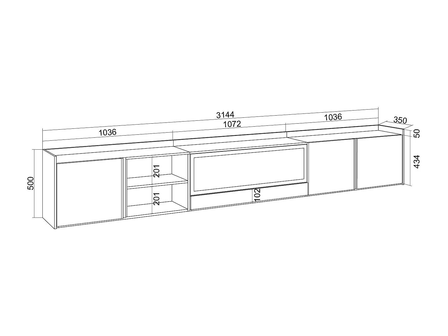TV-Schrank, Lowboard, 315x50x35 cm, Für TV-Geräte bis zu 80", Elektrokamin XXL, LED, Eiche Schwarz
