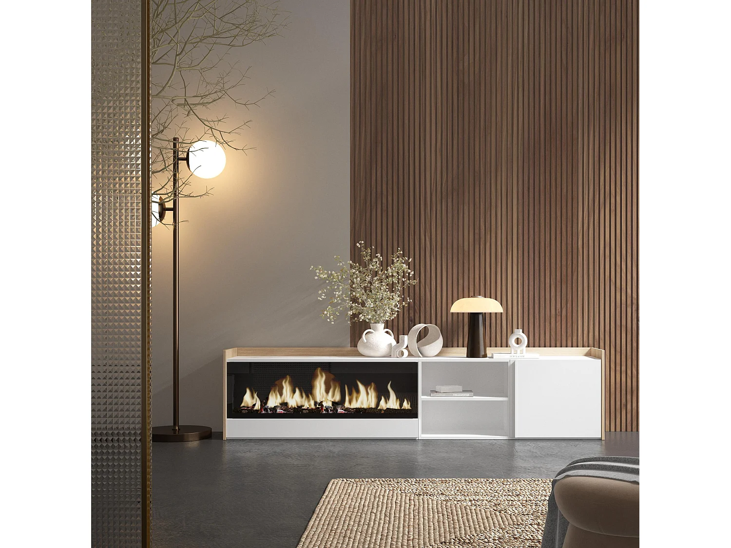 Móvel de TV, 212x50x35 cm, Para televisores até 80", Lareira eléctrica XXL, Branco e Carvalho soft