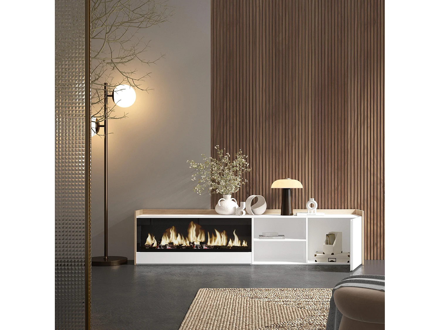 Móvel de TV, 212x50x35 cm, Para televisores até 80", Lareira eléctrica XXL, Branco e Carvalho soft