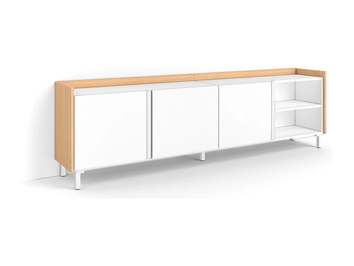 Mueble TV, Televisión, 207x61x35 cm, Para TV hasta 80", Diseño industrial, Blanco y roble soft