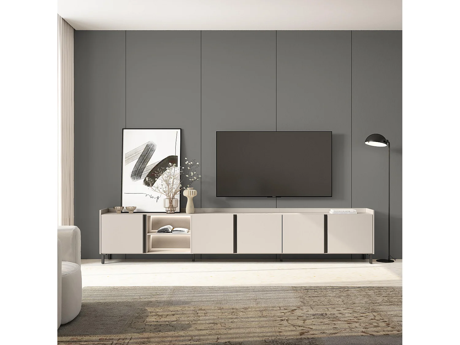 TV-Schrank, Lowboard, 309x61x35 cm, Für TV-Geräte bis zu 80", Industriedesign, LED, Beige