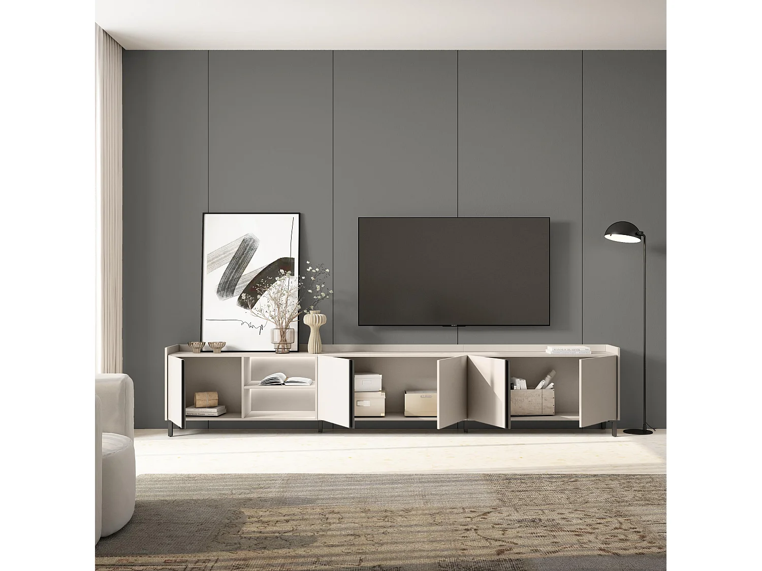 TV-Schrank, Lowboard, 309x61x35 cm, Für TV-Geräte bis zu 80", Industriedesign, LED, Beige