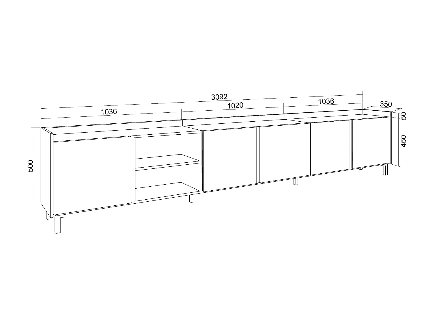 TV-Schrank, Lowboard, 309x61x35 cm, Für TV-Geräte bis zu 80", Industriedesign, LED, Beige