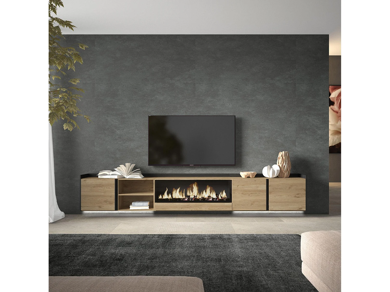 TV-Meubel, Lowboard, 315x50x35 cm, Voor tv's tot 80", Elektrische haard XXL, Hangend, LED, Eiken/Zwart