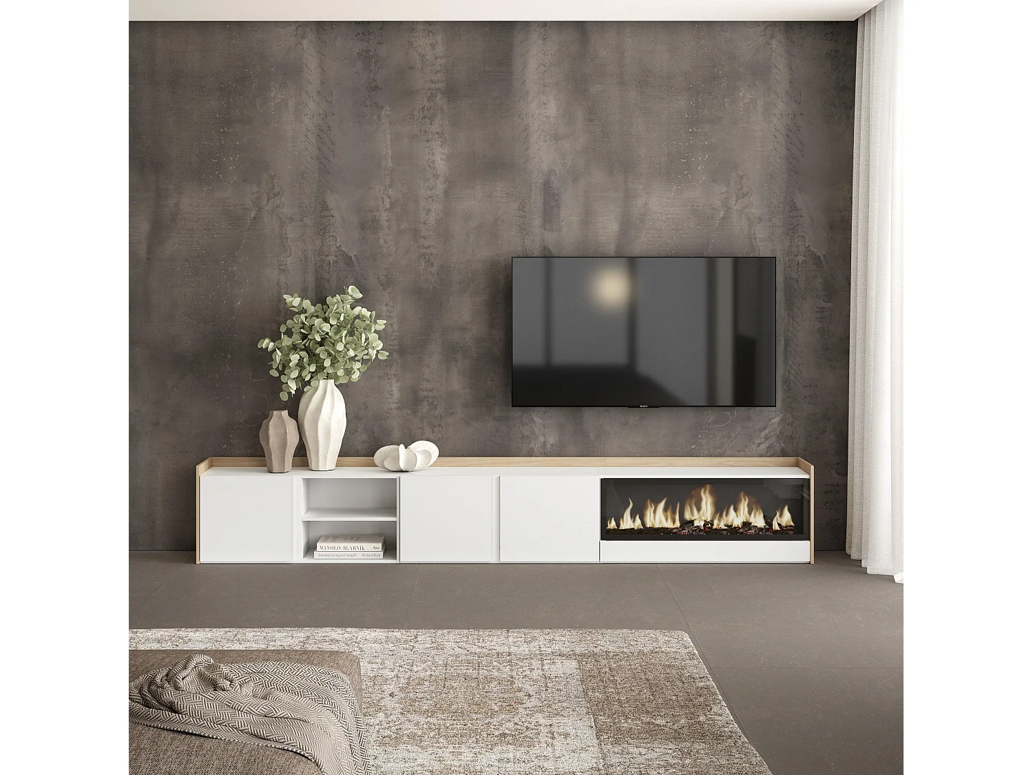 Móvel de TV, 315x50x35 cm, Para televisores até 80", Lareira eléctrica XXL, Branco e Carvalho soft