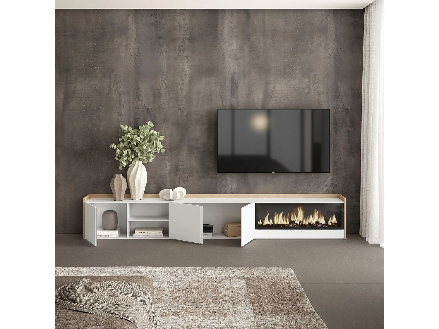 Móvel de TV, 315x50x35 cm, Para televisores até 80", Lareira eléctrica XXL, Branco e Carvalho soft