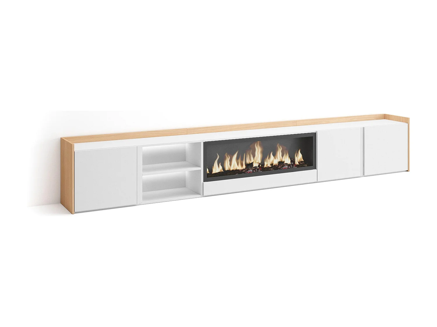 TV-Meubel, Lowboard, 315x50x35 cm, Voor tv's tot 80", Elektrische haard XXL, LED, Wit en Eiken soft