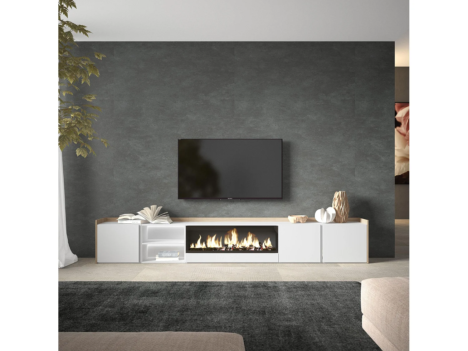 TV-Meubel, Lowboard, 315x50x35 cm, Voor tv's tot 80", Elektrische haard XXL, LED, Wit en Eiken soft