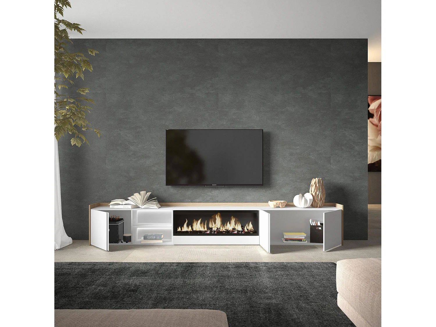 TV-Meubel, Lowboard, 315x50x35 cm, Voor tv's tot 80", Elektrische haard XXL, LED, Wit en Eiken soft