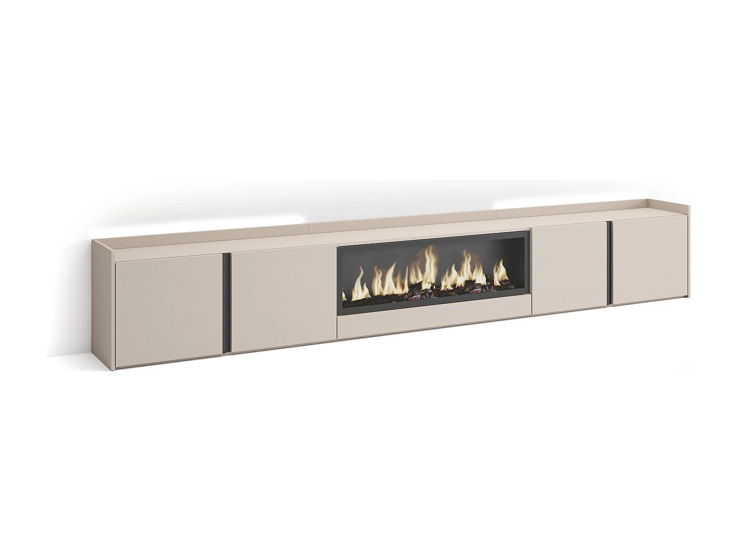 TV-Schrank, Lowboard, 315x50x35 cm, Für TV-Geräte bis zu 80", Elektrokamin XXL, LED, Beige