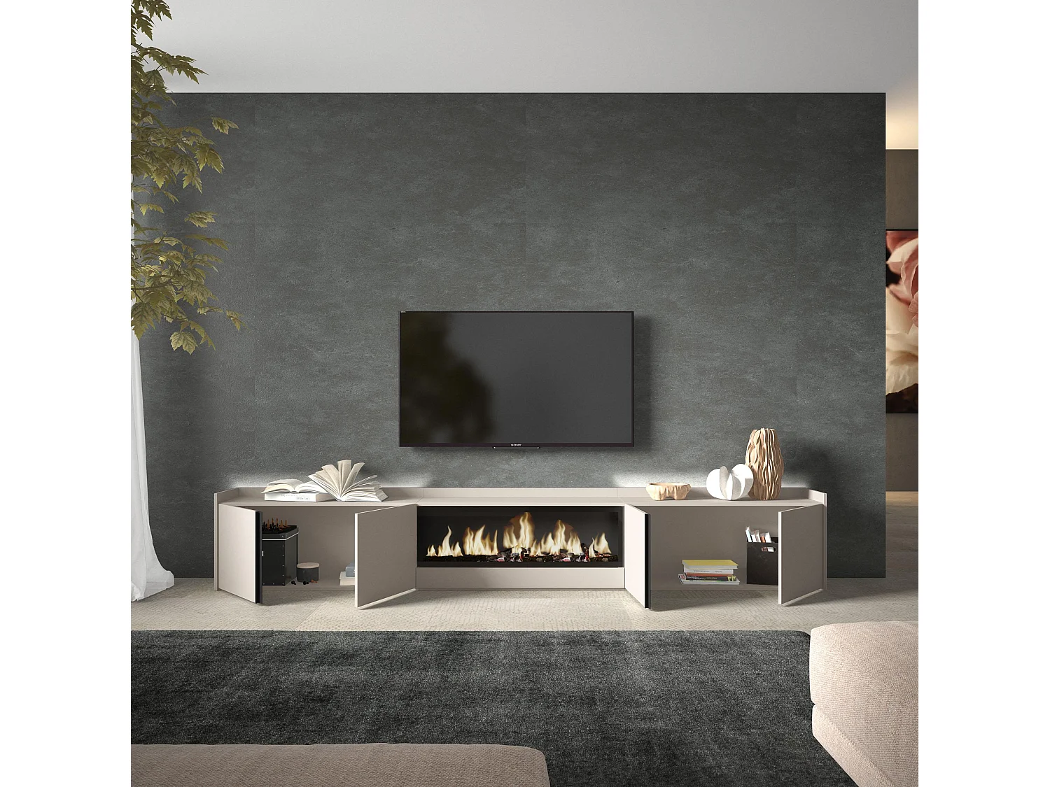 TV-Schrank, Lowboard, 315x50x35 cm, Für TV-Geräte bis zu 80", Elektrokamin XXL, LED, Beige