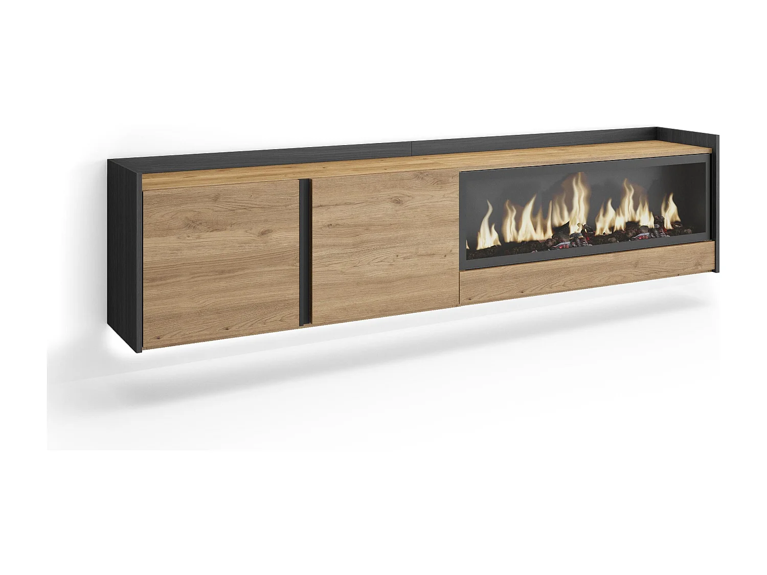 TV-Schrank, Lowboard, 212x50x35 cm, Für TV-Geräte bis zu 80", Elektrokamin XXL, Hängend, LED, Eiche Schwarz