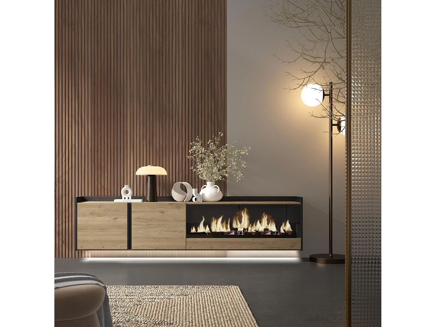 TV-Schrank, Lowboard, 212x50x35 cm, Für TV-Geräte bis zu 80", Elektrokamin XXL, Hängend, LED, Eiche Schwarz