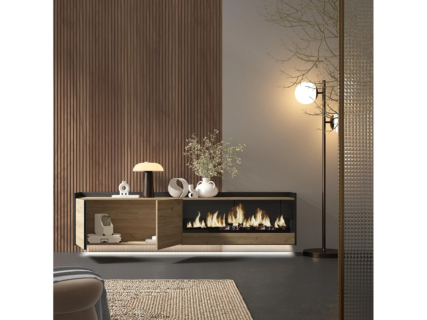 TV-Schrank, Lowboard, 212x50x35 cm, Für TV-Geräte bis zu 80", Elektrokamin XXL, Hängend, LED, Eiche Schwarz