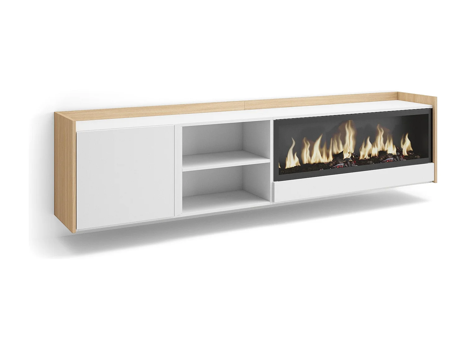 TV-Schrank, Lowboard, 212x50x35 cm, Für TV-Geräte bis zu 80", Elektrokamin XXL, Hängend, Weiß und Eiche Soft