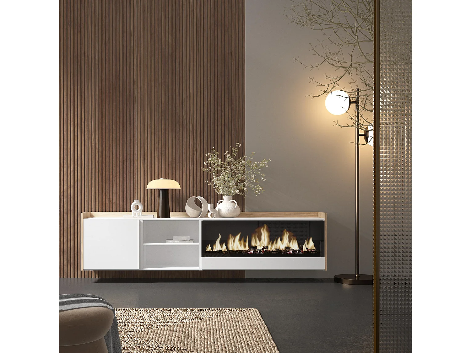 TV-Schrank, Lowboard, 212x50x35 cm, Für TV-Geräte bis zu 80", Elektrokamin XXL, Hängend, Weiß und Eiche Soft