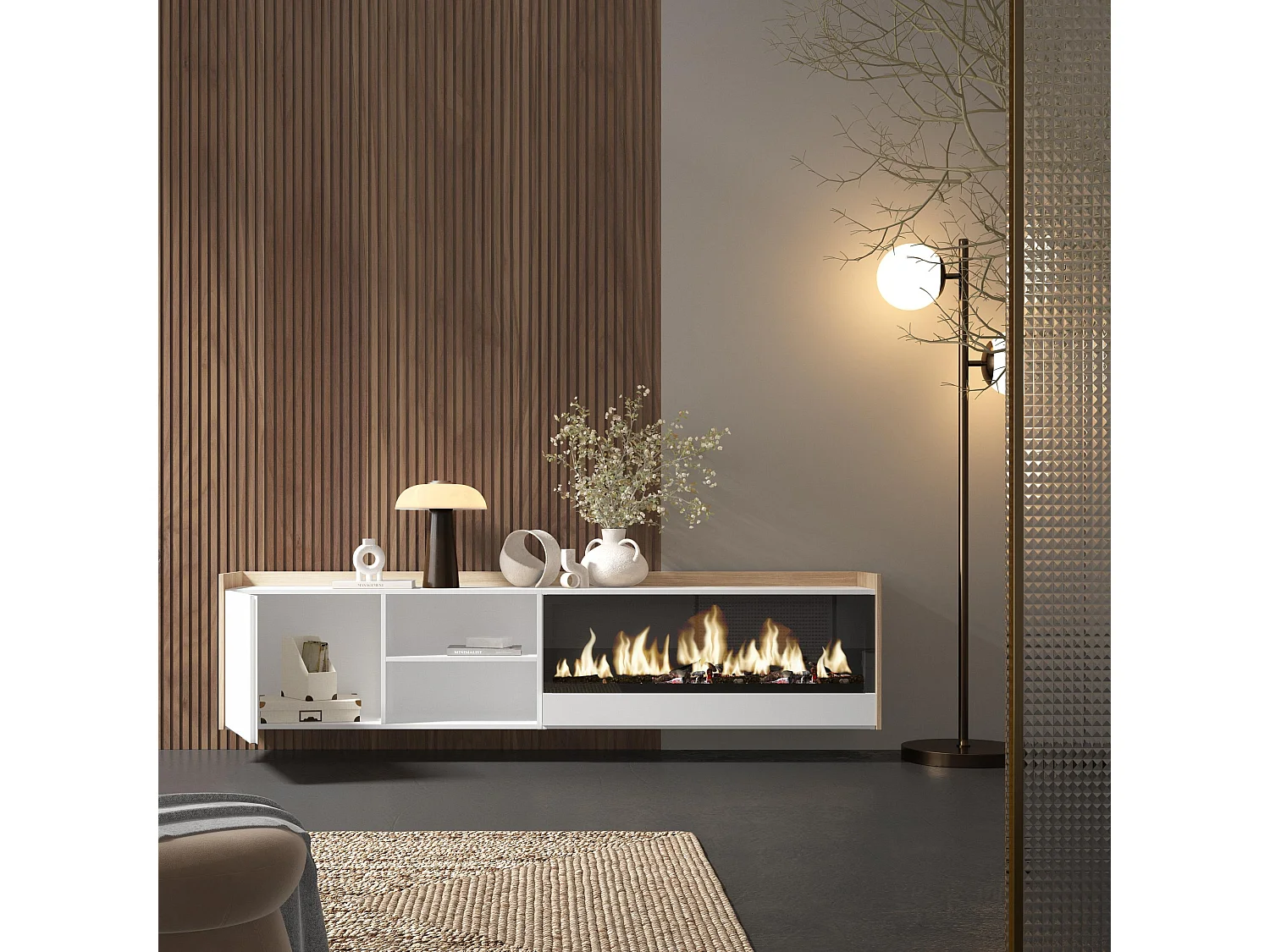 TV-Schrank, Lowboard, 212x50x35 cm, Für TV-Geräte bis zu 80", Elektrokamin XXL, Hängend, Weiß und Eiche Soft