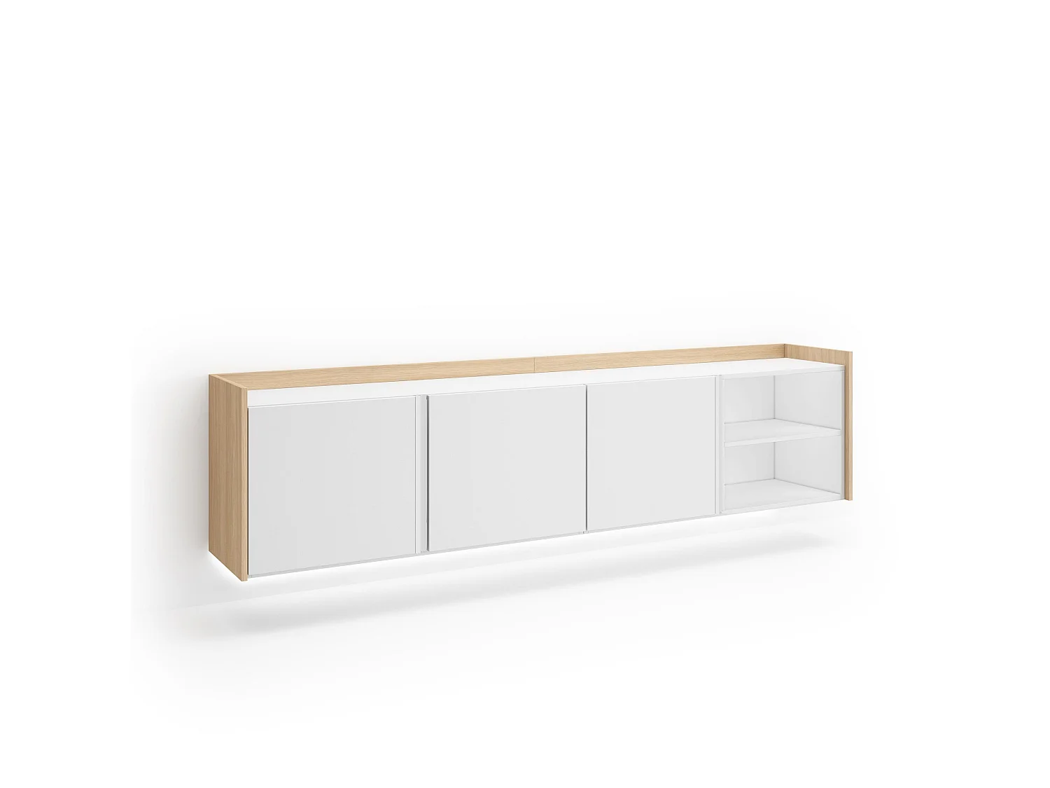 TV-Schrank, Lowboard, 207x50x35 cm, Für TV-Geräte bis zu 80", Hängend, LED, Weiß und Eiche Soft