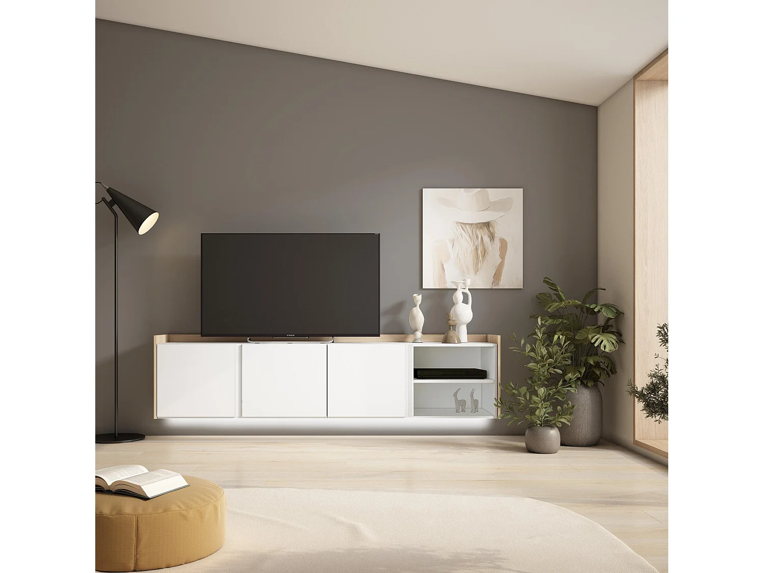TV-Schrank, Lowboard, 207x50x35 cm, Für TV-Geräte bis zu 80", Hängend, LED, Weiß und Eiche Soft