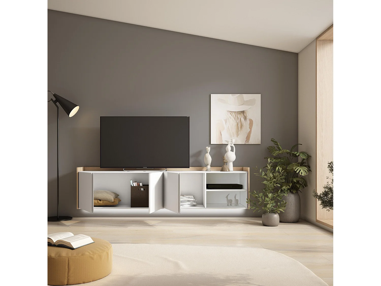 TV-Schrank, Lowboard, 207x50x35 cm, Für TV-Geräte bis zu 80", Hängend, LED, Weiß und Eiche Soft