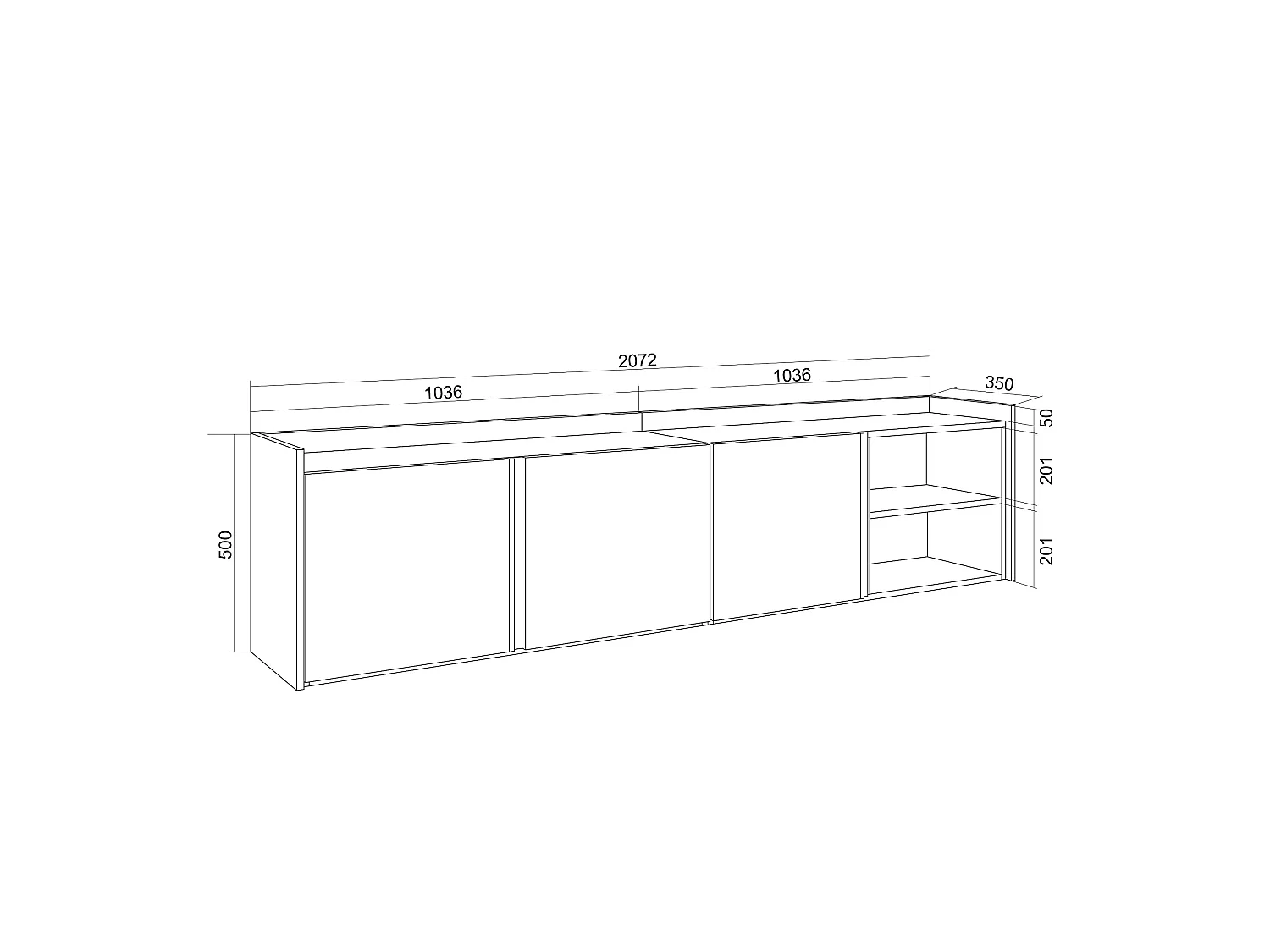 TV-Schrank, Lowboard, 207x50x35 cm, Für TV-Geräte bis zu 80", Hängend, LED, Weiß und Eiche Soft
