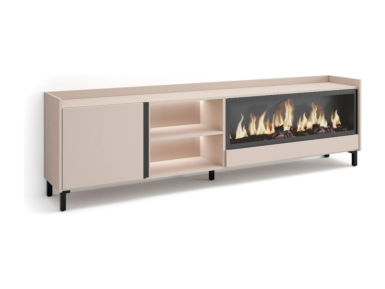 TV-Schrank, Lowboard, 212x61x35 cm, Für TV-Geräte bis zu 80", Elektrokamin XXL, Industriedesign, LED, Beige