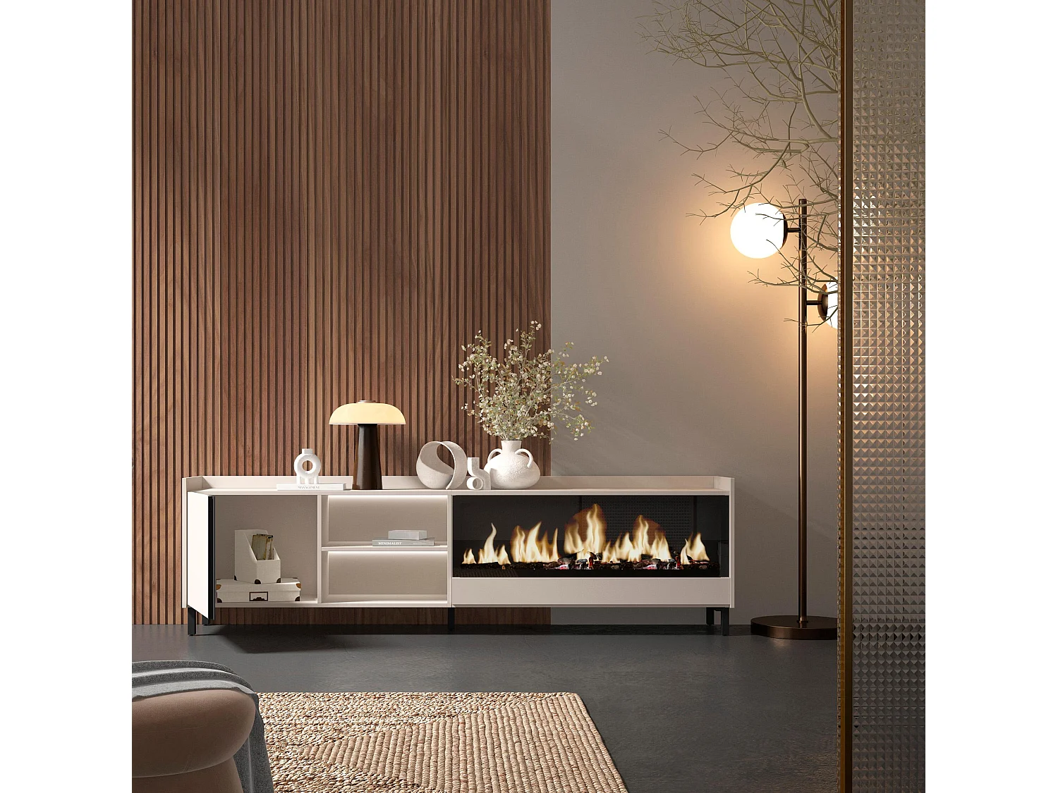 TV-Schrank, Lowboard, 212x61x35 cm, Für TV-Geräte bis zu 80", Elektrokamin XXL, Industriedesign, LED, Beige