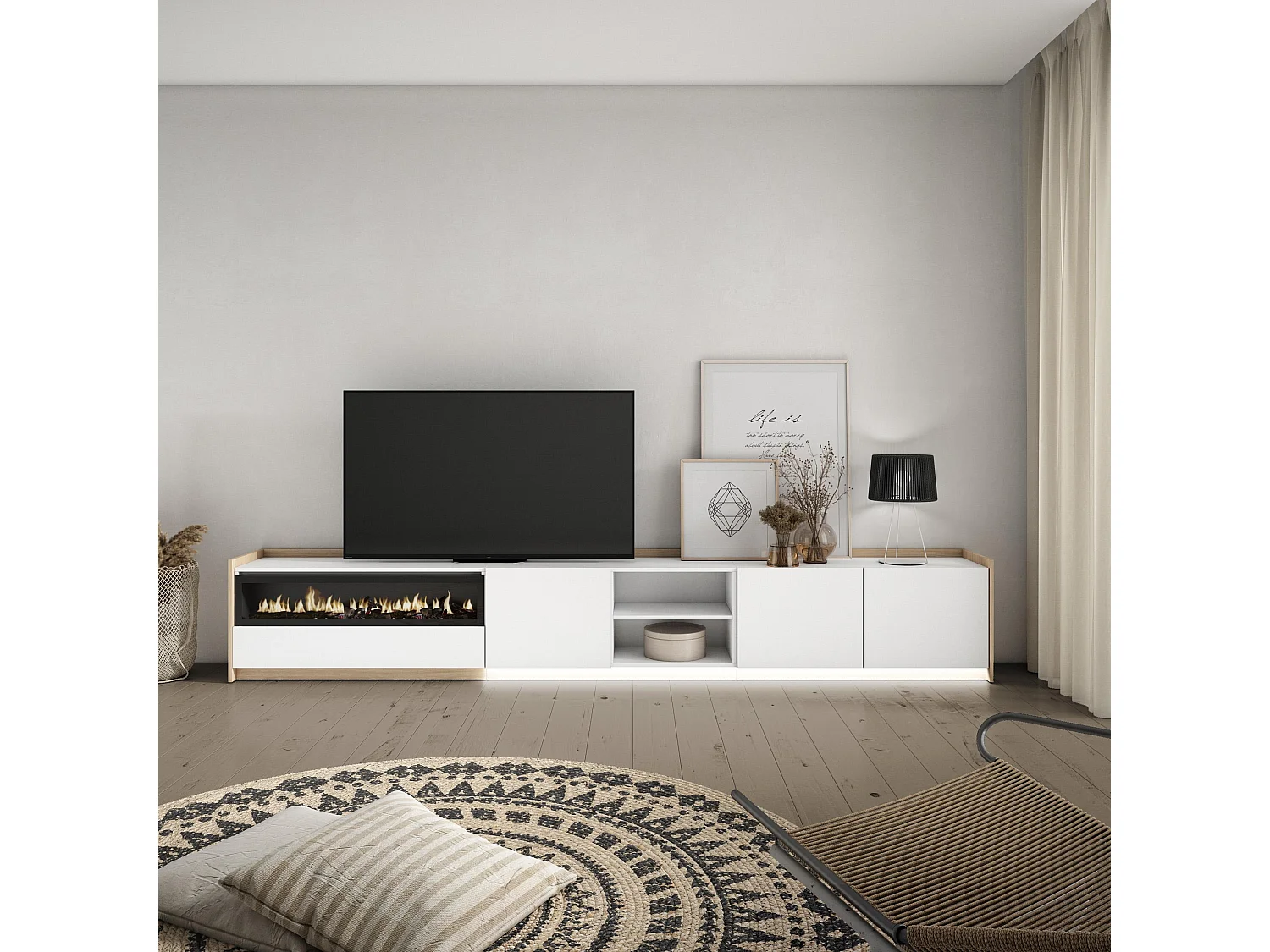TV-Schrank, Lowboard, 310x50x37 cm, Für TV-Geräte bis zu 80", Elektrokamin., LED, Weiß und Eiche Soft