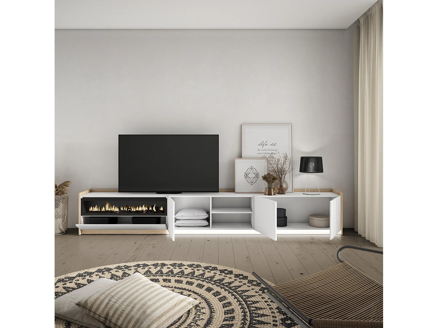 TV-Schrank, Lowboard, 310x50x37 cm, Für TV-Geräte bis zu 80", Elektrokamin., LED, Weiß und Eiche Soft