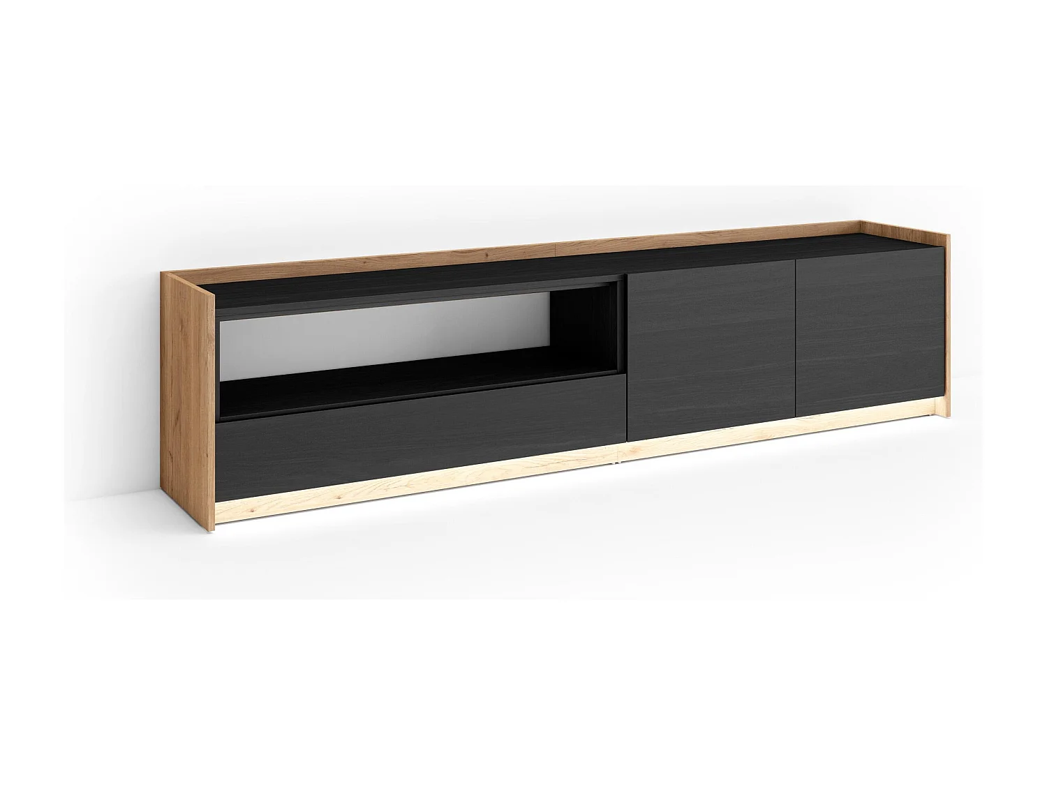 Meuble TV, Banc Télé, 207x50x37 cm, Pour les TV jusqu'à 80", LED, Noir et chêne