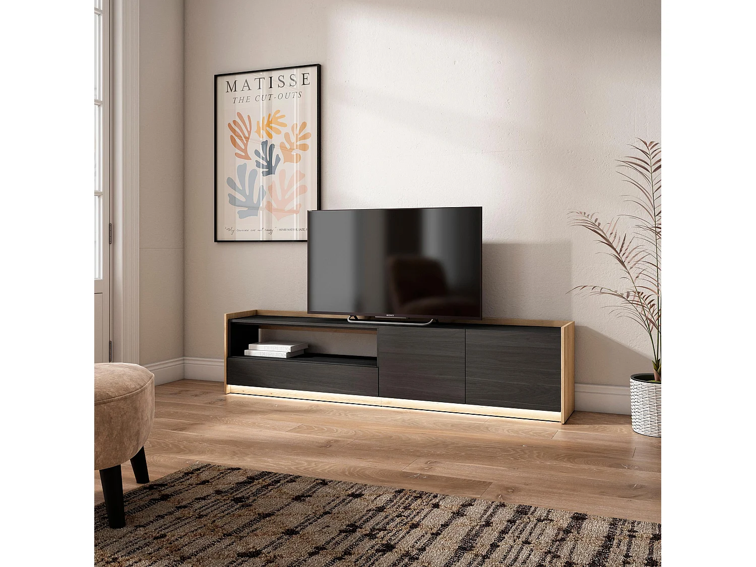 Meuble TV, Banc Télé, 207x50x37 cm, Pour les TV jusqu'à 80", LED, Noir et chêne