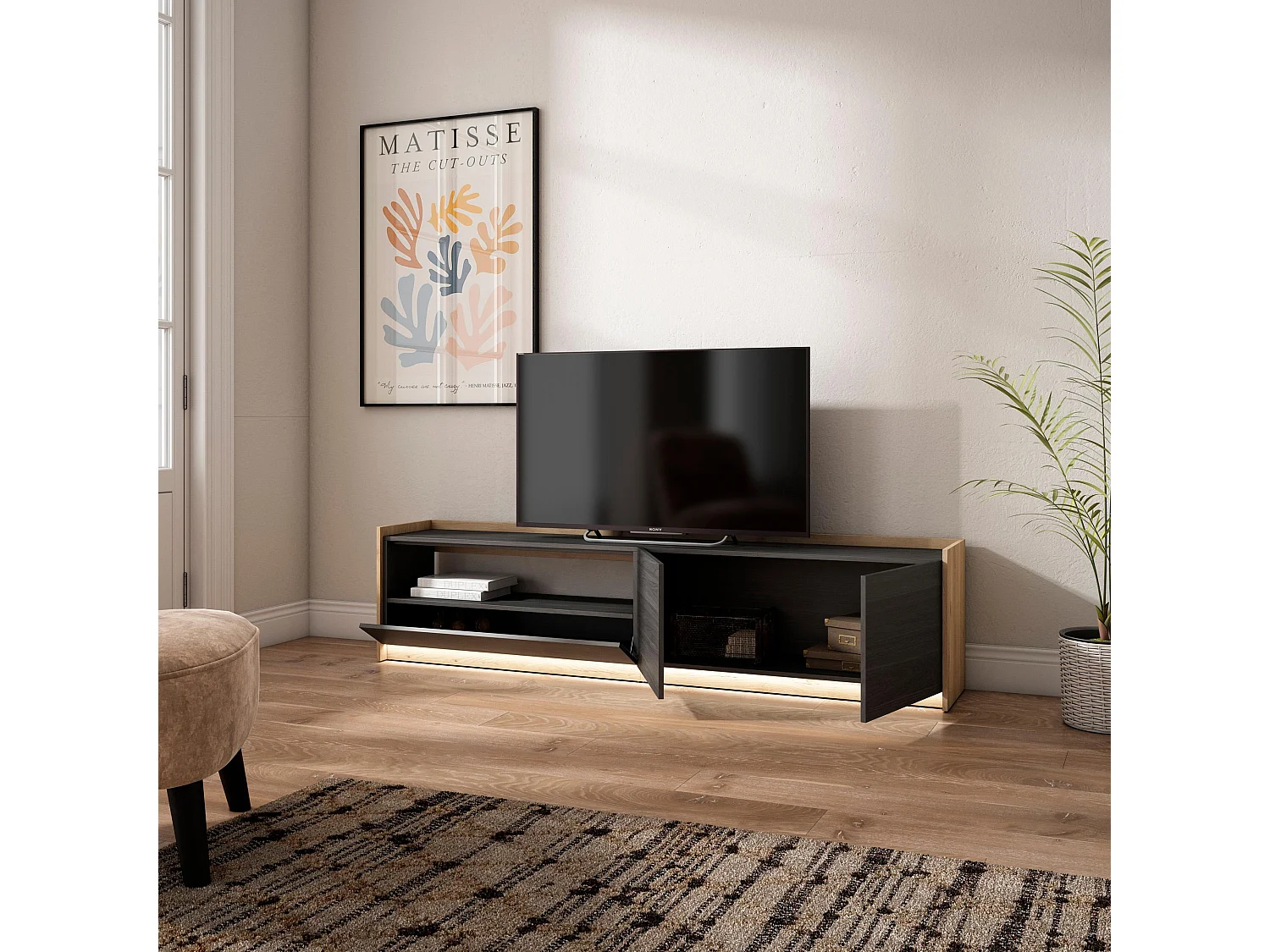 Meuble TV, Banc Télé, 207x50x37 cm, Pour les TV jusqu'à 80", LED, Noir et chêne